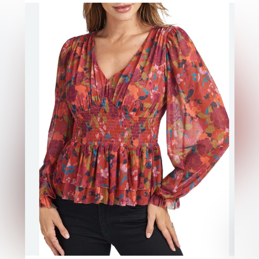 DR2 Daniel Rainn Floral Top *no Sz Tag* M Brick Women’s Peplum Smocked Y2K mesh